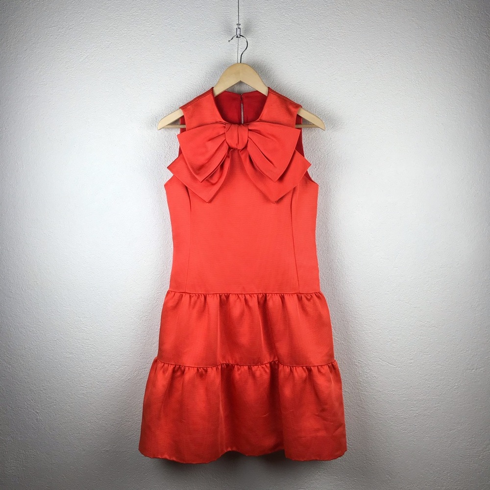 Vintage l 60s XS Morton Myles Jeunesse Orange Silk Drop Waist Bow Ruffled Dress